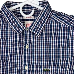 Lacoste LIVE! Men's Button Down Shirt Size 44 Blue White Plaid Skinny Fit Casual